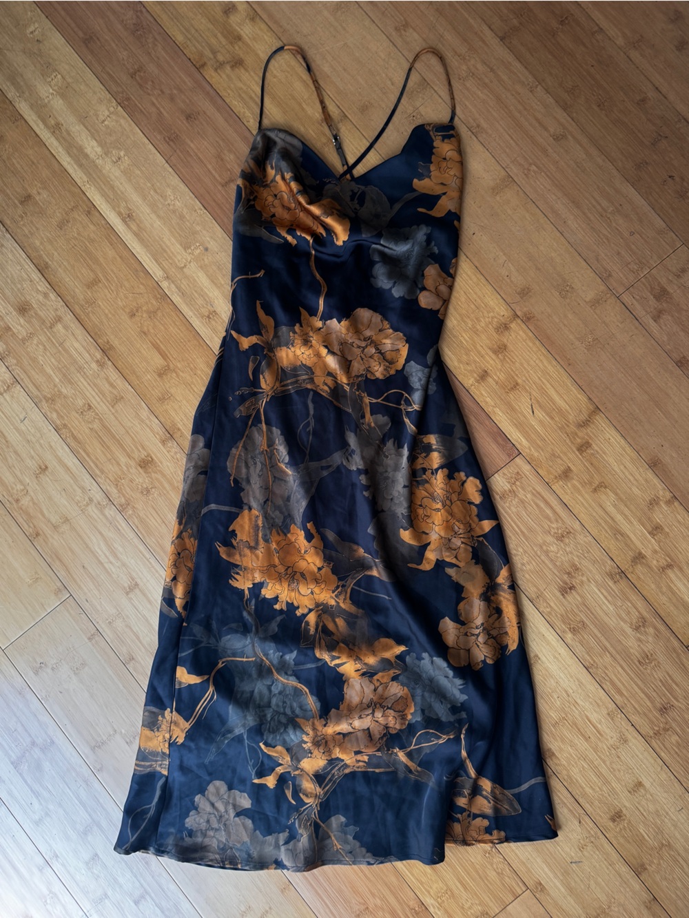 AAKAA cowl neckline floral satin midi slip dress w open back